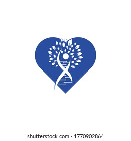 Dna tree heart shape concept vector logo design. DNA genetic icon. DNA with green leaves vector logo design.	