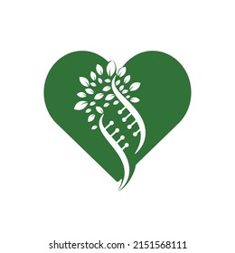 DNA tree and heart shape vector logo design. DNA genetic and heart icon. DNA with green leaves vector logo design.