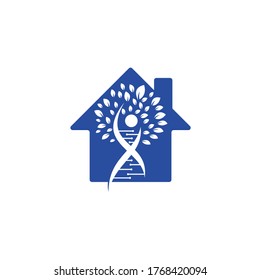 Dna tree home shape concept vector logo design. DNA genetic icon. DNA with green leaves vector logo design.