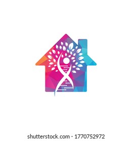 Dna tree home shape concept vector logo design. DNA genetic icon. DNA with green leaves vector logo design.