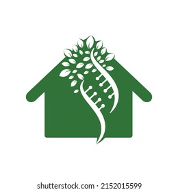 DNA tree and house shape vector logo design. DNA genetic and house icon. DNA with green leaves vector logo design.