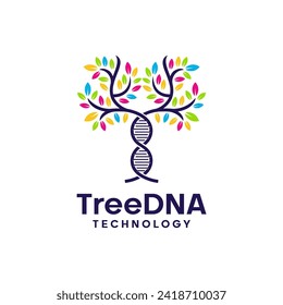 Logo-Design-Vektorsymbol für DNA-Baumblätter. Menschliche DNA Doppelhelix mit einem bunten Konzept, Vektorgrafik.
