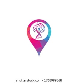 Dna tree map pin shape concept vector logo design. DNA genetic icon. DNA with green leaves vector logo design.	