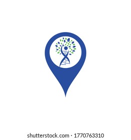 Dna tree map pin shape concept vector logo design. DNA genetic icon. DNA with green leaves vector logo design.	