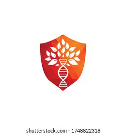 Dna tree shield shape concept vector logo design. DNA genetic icon. DNA with green leaves vector logo design.