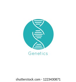 DNA vector icon in a circle with genetics text and medical theme blue color.