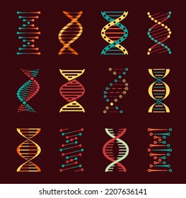 DNA vector icons with helices of human genes. Genetic molecule spiral strand isolated symbols of science, biology, biotechnology and medicine. DNA helix strands with abstract chromosome chains, cells