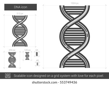 DNA-Vektorsymbol einzeln auf weißem Hintergrund. DNA-Line-Symbol für Infografik, Website oder App. Skalierbares Symbol, das auf einem Gittersystem entworfen wurde.