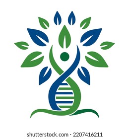 Diseño del logo del vector del ADN. Concepto de árbol de ADN con hojas verdes para medicina, investigación, laboratorio