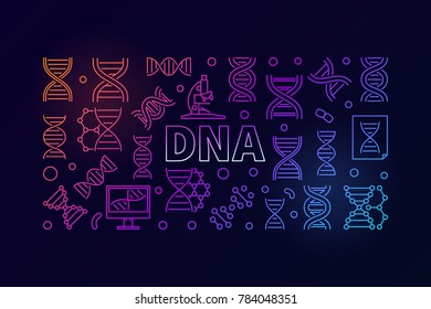 DNA vector science colorful horizontal banner or illustration in thin line style on dark background