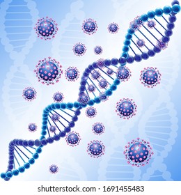 ataque de ADN y virus. La cadena de ADN brillante y el proceso de mutación genética. Antecedentes científicos y médicos azules. Ilustración de OMG. Plantilla de diseño gráfico abstracto aislada. Imagen de textura creativa.