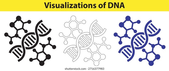Visualizações do DNA em ilustrações em preto-e-branco e azul