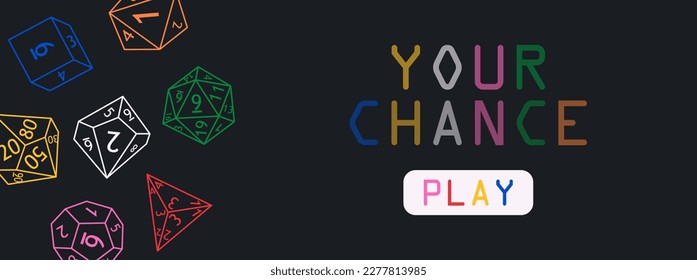 Dnd dice background. Landing page template with colorful polyhedral dices for rpg tabletop games. Play, your chance. Vector illustration isolated on black backdrop