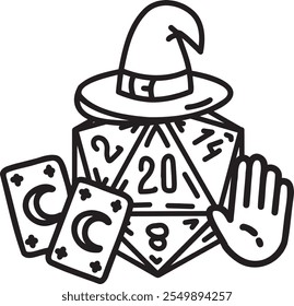 DND Dice Rpg board game character. Fantasy icosahedron wargame. 20-sided tabletop icon, cartoon style on white background