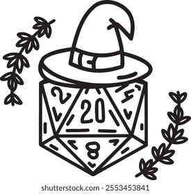 DND Dice Rpg board game character. Fantasy icosahedron wargame. 20-sided tabletop icon, cartoon style on white background