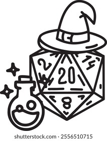 DND Dice Rpg board game character. Fantasy icosahedron wargame. 20-sided tabletop icon, cartoon style on white background