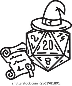 DND Dice Rpg board game character. Fantasy icosahedron wargame. 20-sided tabletop icon, cartoon style on white background