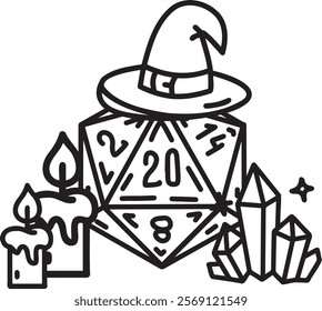 DND Dice Rpg board game character. Fantasy icosahedron wargame. 20-sided tabletop icon, cartoon style on white background