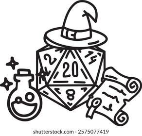 DND Dice Rpg board game character. Fantasy icosahedron wargame. 20-sided tabletop icon, cartoon style on white background