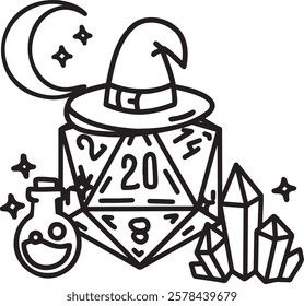 DND Dice Rpg board game character. Fantasy icosahedron wargame. 20-sided tabletop icon, cartoon style on white background