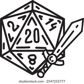 DND Dice with sword and shield. Rpg board game character. Fantasy icosahedron wargame. 20-sided tabletop icon, cartoon style on white background