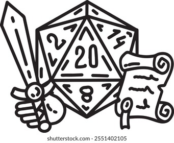 DND Dice with sword and shield. Rpg board game character. Fantasy icosahedron wargame. 20-sided tabletop icon, cartoon style on white background