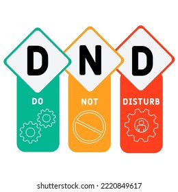 DND - Stören Sie die Akronym nicht. Hintergrund des Unternehmenskonzepts.  Vektorgrafik-Konzept mit Schlagwörtern und Symbolen. Buchstabengrafik mit Symbolen für Webbanner, Flyer, Landung