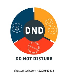 DND - Stören Sie die Akronym nicht. Hintergrund des Unternehmenskonzepts.  Vektorgrafik-Konzept mit Schlagwörtern und Symbolen. Buchstabengrafik mit Symbolen für Webbanner, Flyer, Landung