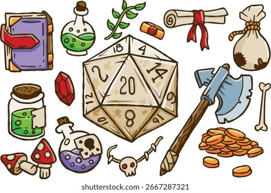 Equipamento DND pacote com machado, garrafa, rolo. Ferramentas de fantasia vibrantes para game quest. D20 conjunto de aventura mágica.