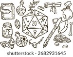 DND set with dice, magic potion, book, axe. Colorful fantasy items for roleplay adventure. D20 fantasy roleplay adventure collection.