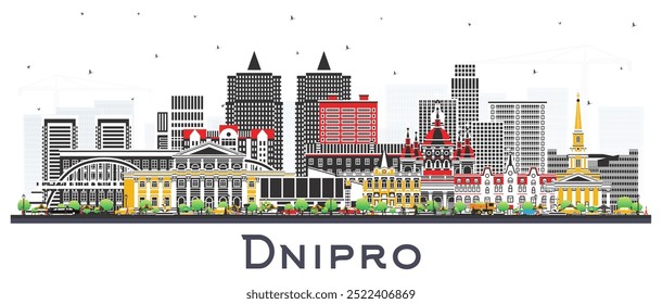 Dnipro city skyline with color buildings isolated on white. Vector illustration. Dnepropetrovsk cityscape with landmarks. Business travel and tourism concept with modern and historic architecture.