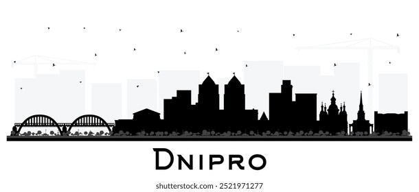 Dnipro city skyline silhouette with black buildings isolated on white. Vector illustration. Dnepropetrovsk cityscape with landmarks. Travel and tourism concept with modern and historic architecture.