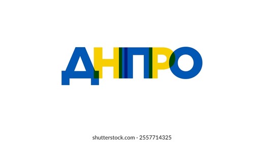 Dnipro in the Ukraine emblem. The design features a geometric style, vector illustration with bold typography in a modern font. The graphic slogan lettering.