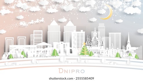 Dnipro. Winter city skyline in paper cut style with snowflakes, moon and neon garland. Christmas and new year concept. Santa Claus on sleigh. Dnepropetrovsk cityscape with landmarks.