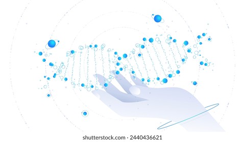 DNK on hand white poster. Hand with molecule of atom structure. Anatomy and biology, genetic engineering. Scientific experiment and researching. Isometric neon vector illustration