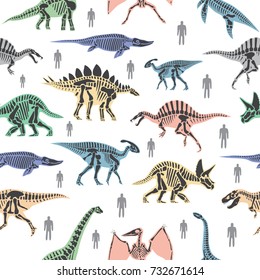 Dnosaurs seletons silhouettes bone animal and jurassic monster predator dino vector flat seamless pattern background