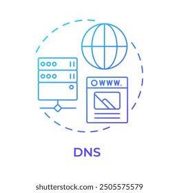 Icono de concepto de degradado azul DNS. Sistema de Nombre de dominio. Infraestructura de tecnología de la información. Ilustración de línea de forma redonda. Abstractas idea. Diseño gráfico. Fácil de usar en infografía, presentación