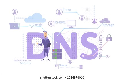 DNS concept, Domain Name System. Decentralized naming system for computers, devices, services, or other resources. Vector illustration in flat style, isolated on white background.