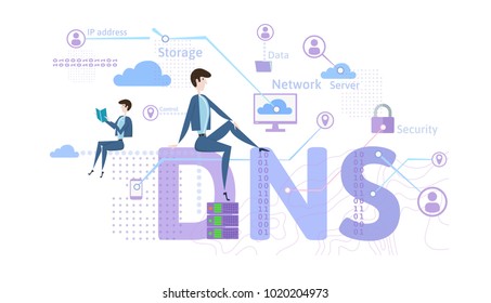DNS concept, Domain Name System. Decentralized naming system for computers, devices, services, or other resources. Vector illustration in flat style, isolated on white background.