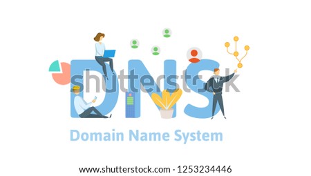 DNS concept, Domain Name System. Concept with keywords, letters and icons. Colored flat vector illustration on white background.