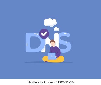 DNS or Domain Name System. explore the virtual world with the internet. a man using a laptop and using a public dns server. secure network and technology. illustration concept design. graphic elements