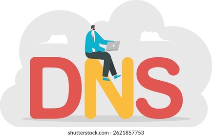 DNS or Domain Name System. explore the virtual world with the internet. a man using a laptop and using a public dns server. secure network and technology. illustration concept design. graphic elements