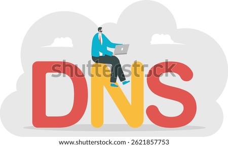 DNS or Domain Name System. explore the virtual world with the internet. a man using a laptop and using a public dns server. secure network and technology. illustration concept design. graphic elements
