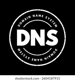 DNS Domain Name System - hierarchical naming system built on a distributed database for computers, services, or any resource connected to the Internet, acronym text stamp concept