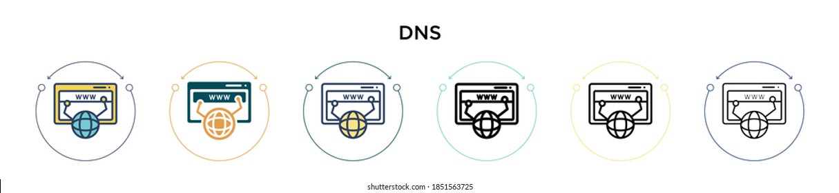 Dns icon in filled, thin line, outline and stroke style. Vector illustration of two colored and black dns vector icons designs can be used for mobile, ui, web