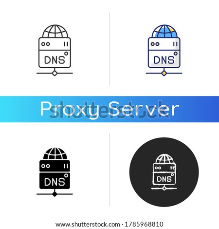 DNS server icon. Local domain name system, transfering user requests. Linear black and RGB color styles. Technology for accessing website URL via host name. Isolated vector illustrations