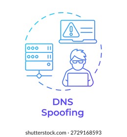 Ícone de conceito de gradiente azul de falsificação de DNS. Administrador de rede, hacker de software. Erro de servidor. Ilustração de linha de forma redonda. Ideia abstrata. Design gráfico. Fácil de usar em brochura, livreto