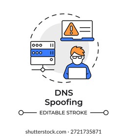 Ícone de conceito de várias cores de falsificação de DNS. Administrador de rede, hacker de software. Erro do servidor. Ilustração de linha de forma redonda. Ideia abstrata. Design gráfico. Fácil de usar no folheto, livreto