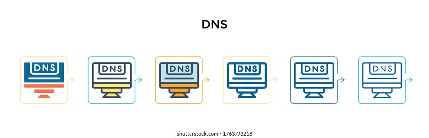 Dns vector icon in 6 different modern styles. Black, two colored dns icons designed in filled, outline, line and stroke style. Vector illustration can be used for web, mobile, ui