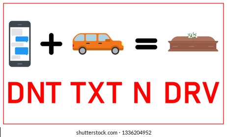 DNT TXT N DRV campaign poster against texting and driving.  Texting plus driving equals death.  This illustration is a powerful message warning the risks of distracted driving.